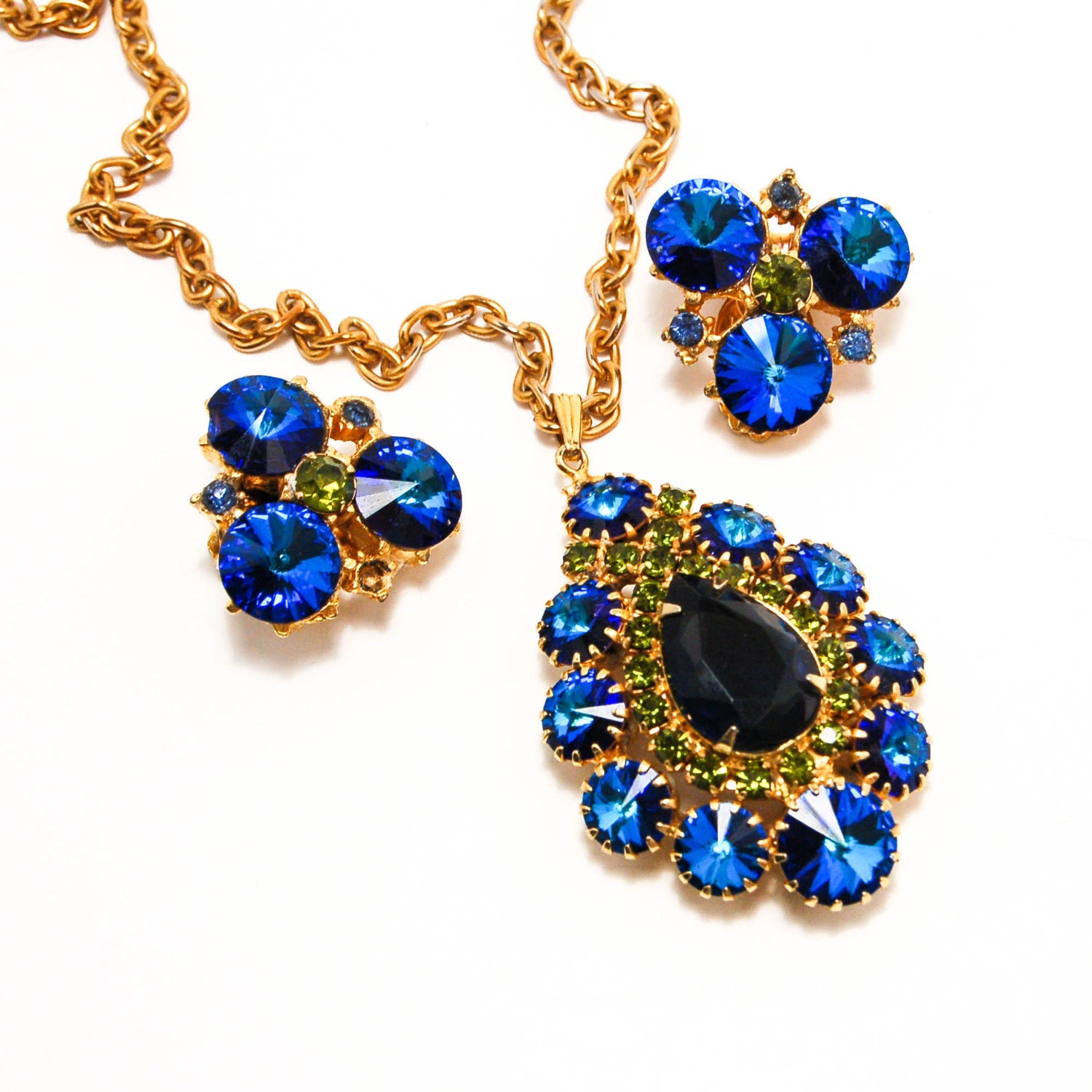 1950's Peacock Blue and Green Rhinestone Necklace and Earrings Set by 1950's - Vintage Meet Modern Vintage Jewelry - Chicago, Illinois - #oldhollywoodglamour #vintagemeetmodern #designervintage #jewelrybox #antiquejewelry #vintagejewelry