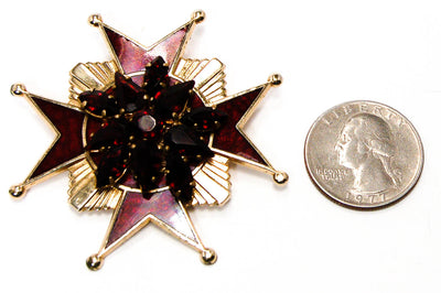 Accessocraft N.Y.C. Red Rhinestone Maltese Cross Pendant Brooch by Accessocraft N.Y.C - Vintage Meet Modern Vintage Jewelry - Chicago, Illinois - #oldhollywoodglamour #vintagemeetmodern #designervintage #jewelrybox #antiquejewelry #vintagejewelry