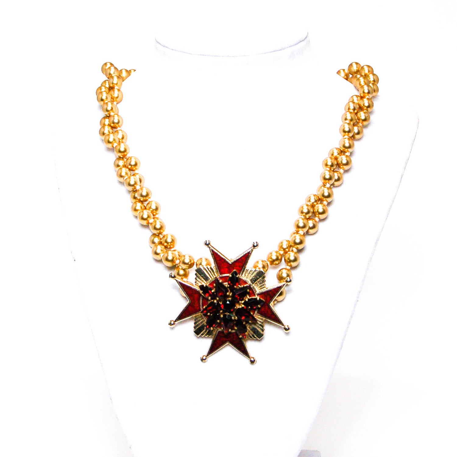 Accessocraft N.Y.C. Red Rhinestone Maltese Cross Pendant Brooch by Accessocraft N.Y.C - Vintage Meet Modern Vintage Jewelry - Chicago, Illinois - #oldhollywoodglamour #vintagemeetmodern #designervintage #jewelrybox #antiquejewelry #vintagejewelry