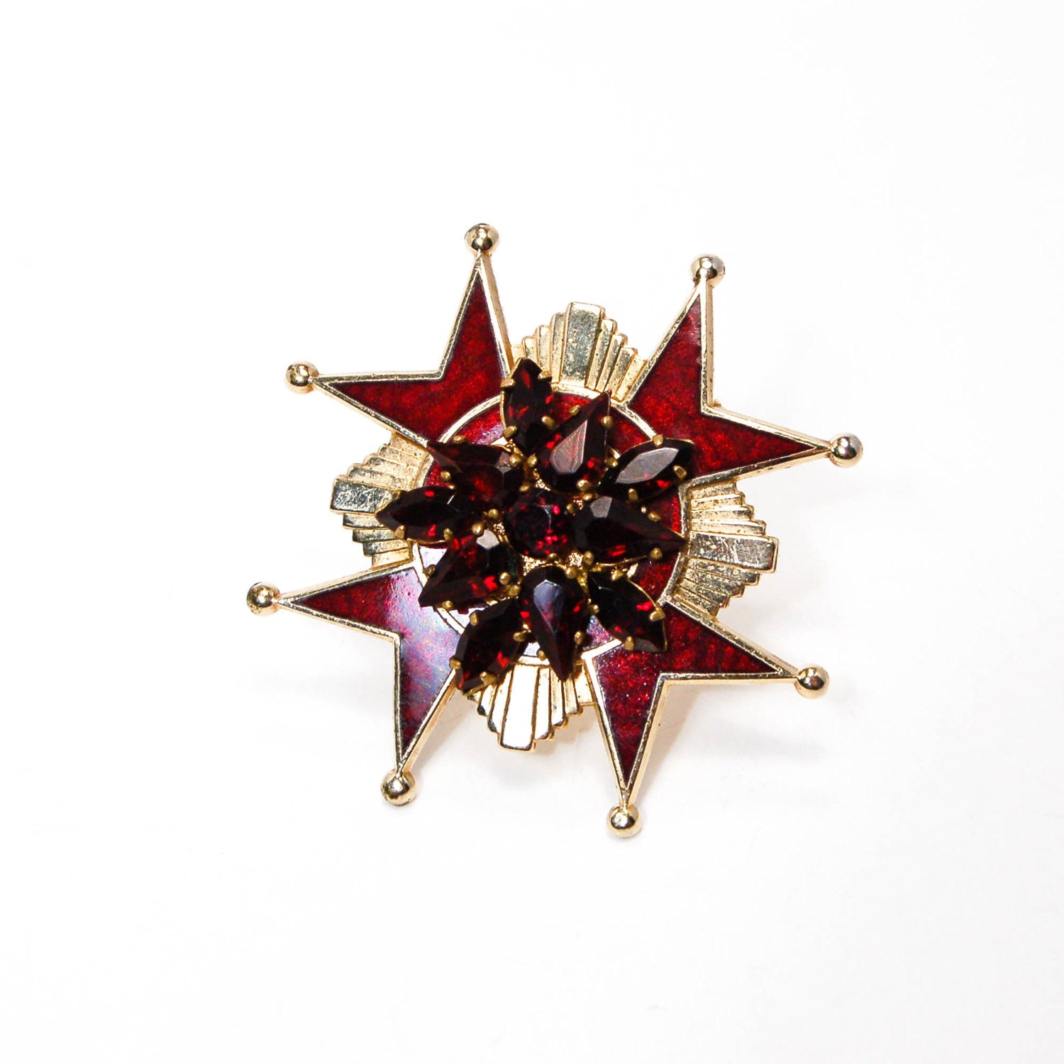 Accessocraft N.Y.C. Red Rhinestone Maltese Cross Pendant Brooch by Accessocraft N.Y.C - Vintage Meet Modern Vintage Jewelry - Chicago, Illinois - #oldhollywoodglamour #vintagemeetmodern #designervintage #jewelrybox #antiquejewelry #vintagejewelry