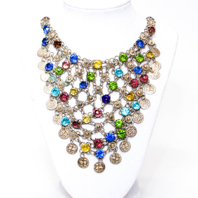 1970's Colorful Bib Necklace with Art Glass Rhinestones by 1970's - Vintage Meet Modern Vintage Jewelry - Chicago, Illinois - #oldhollywoodglamour #vintagemeetmodern #designervintage #jewelrybox #antiquejewelry #vintagejewelry