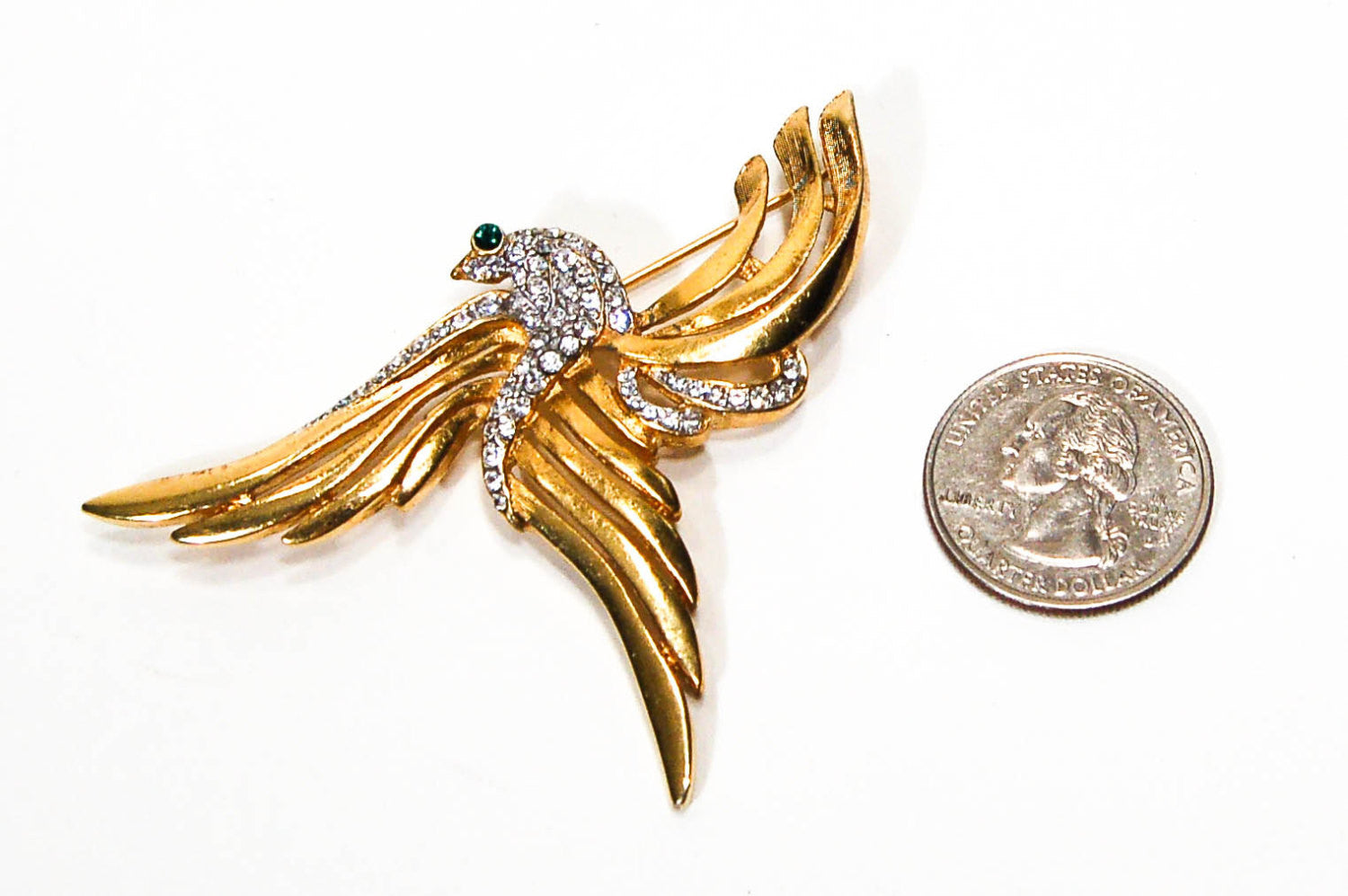 1960's Gold Rising Phoenix Brooch with Rhinestones by 1960s Vintage - Vintage Meet Modern Vintage Jewelry - Chicago, Illinois - #oldhollywoodglamour #vintagemeetmodern #designervintage #jewelrybox #antiquejewelry #vintagejewelry