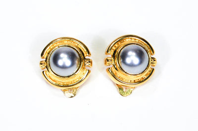 1980's Round Gold Tone Gray Pearl Earrings by 1980s - Vintage Meet Modern Vintage Jewelry - Chicago, Illinois - #oldhollywoodglamour #vintagemeetmodern #designervintage #jewelrybox #antiquejewelry #vintagejewelry