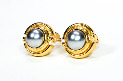1980's Round Gold Tone Gray Pearl Earrings by 1980s - Vintage Meet Modern Vintage Jewelry - Chicago, Illinois - #oldhollywoodglamour #vintagemeetmodern #designervintage #jewelrybox #antiquejewelry #vintagejewelry