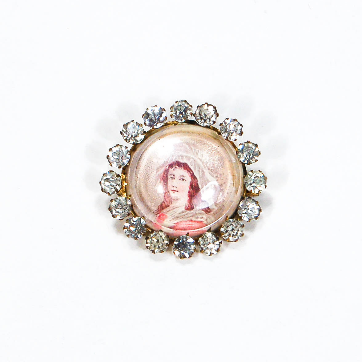 Miniature Victorian Lady Portrait Brooch Round with Rhinestones by 1970's - Vintage Meet Modern Vintage Jewelry - Chicago, Illinois - #oldhollywoodglamour #vintagemeetmodern #designervintage #jewelrybox #antiquejewelry #vintagejewelry