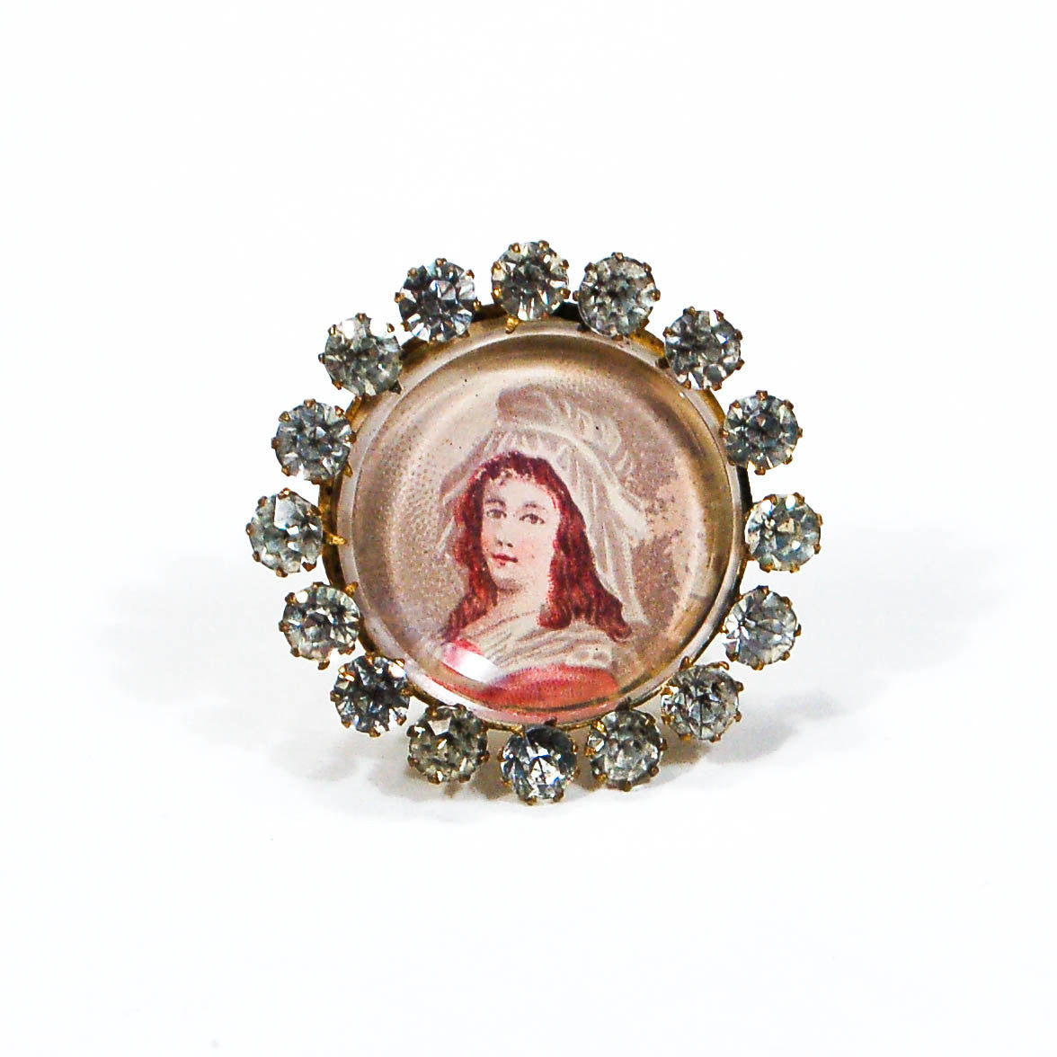 Miniature Victorian Lady Portrait Brooch Round with Rhinestones by 1970's - Vintage Meet Modern Vintage Jewelry - Chicago, Illinois - #oldhollywoodglamour #vintagemeetmodern #designervintage #jewelrybox #antiquejewelry #vintagejewelry