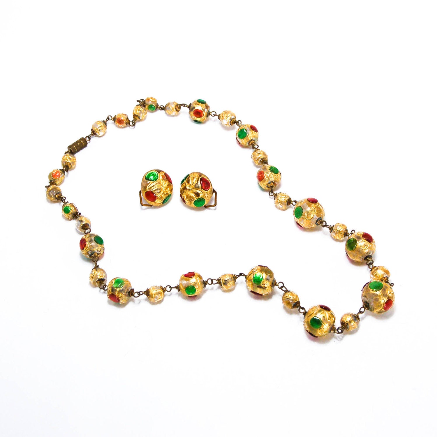 1940's Venetian Glass Bead Necklace and Earrings Set Golden Jewel Tones by 1940's - Vintage Meet Modern Vintage Jewelry - Chicago, Illinois - #oldhollywoodglamour #vintagemeetmodern #designervintage #jewelrybox #antiquejewelry #vintagejewelry