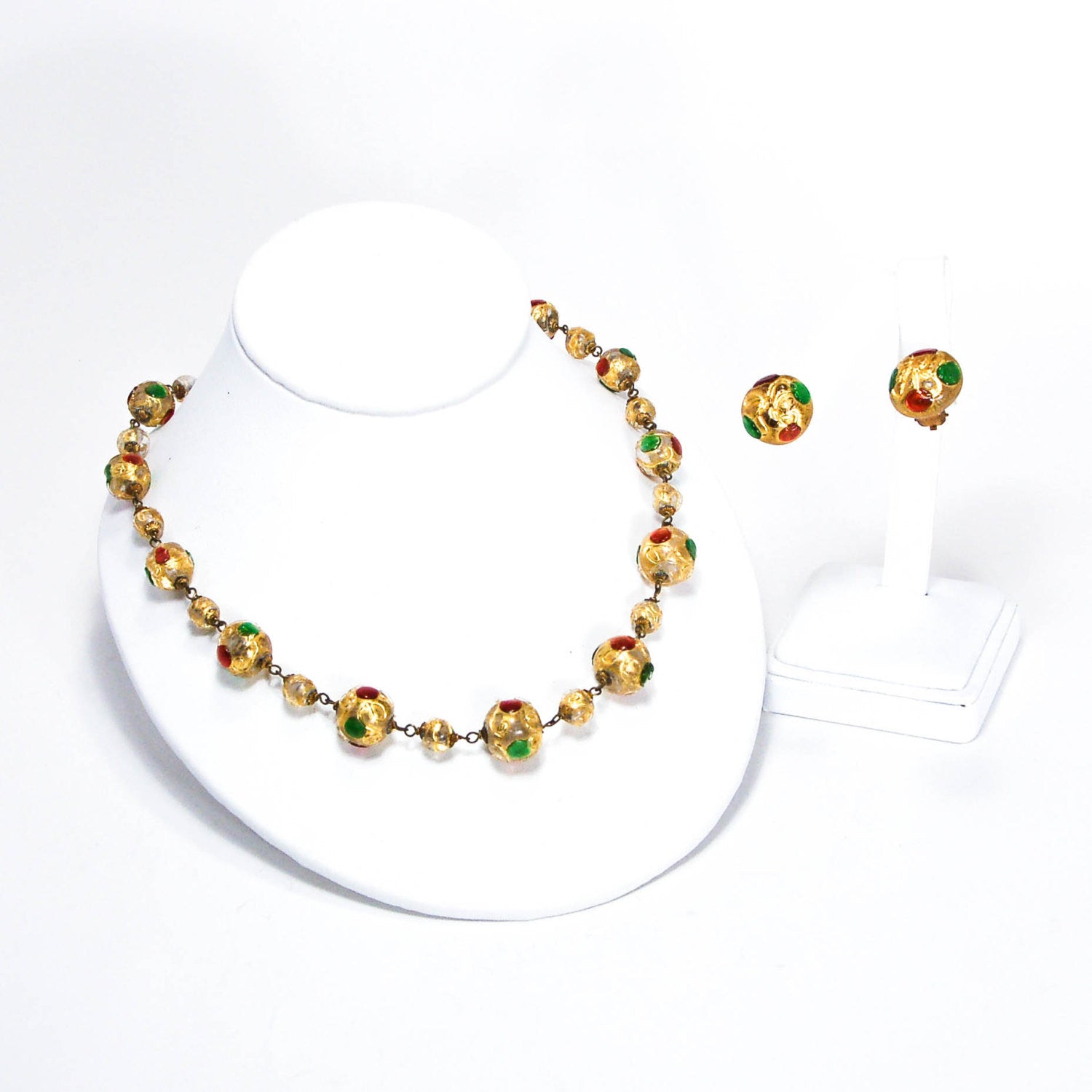 1940's Venetian Glass Bead Necklace and Earrings Set Golden Jewel Tones by 1940's - Vintage Meet Modern Vintage Jewelry - Chicago, Illinois - #oldhollywoodglamour #vintagemeetmodern #designervintage #jewelrybox #antiquejewelry #vintagejewelry