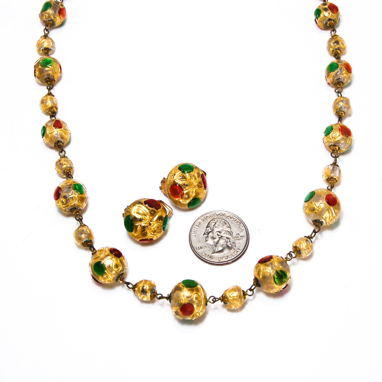 1940's Venetian Glass Bead Necklace and Earrings Set Golden Jewel Tones by 1940's - Vintage Meet Modern Vintage Jewelry - Chicago, Illinois - #oldhollywoodglamour #vintagemeetmodern #designervintage #jewelrybox #antiquejewelry #vintagejewelry