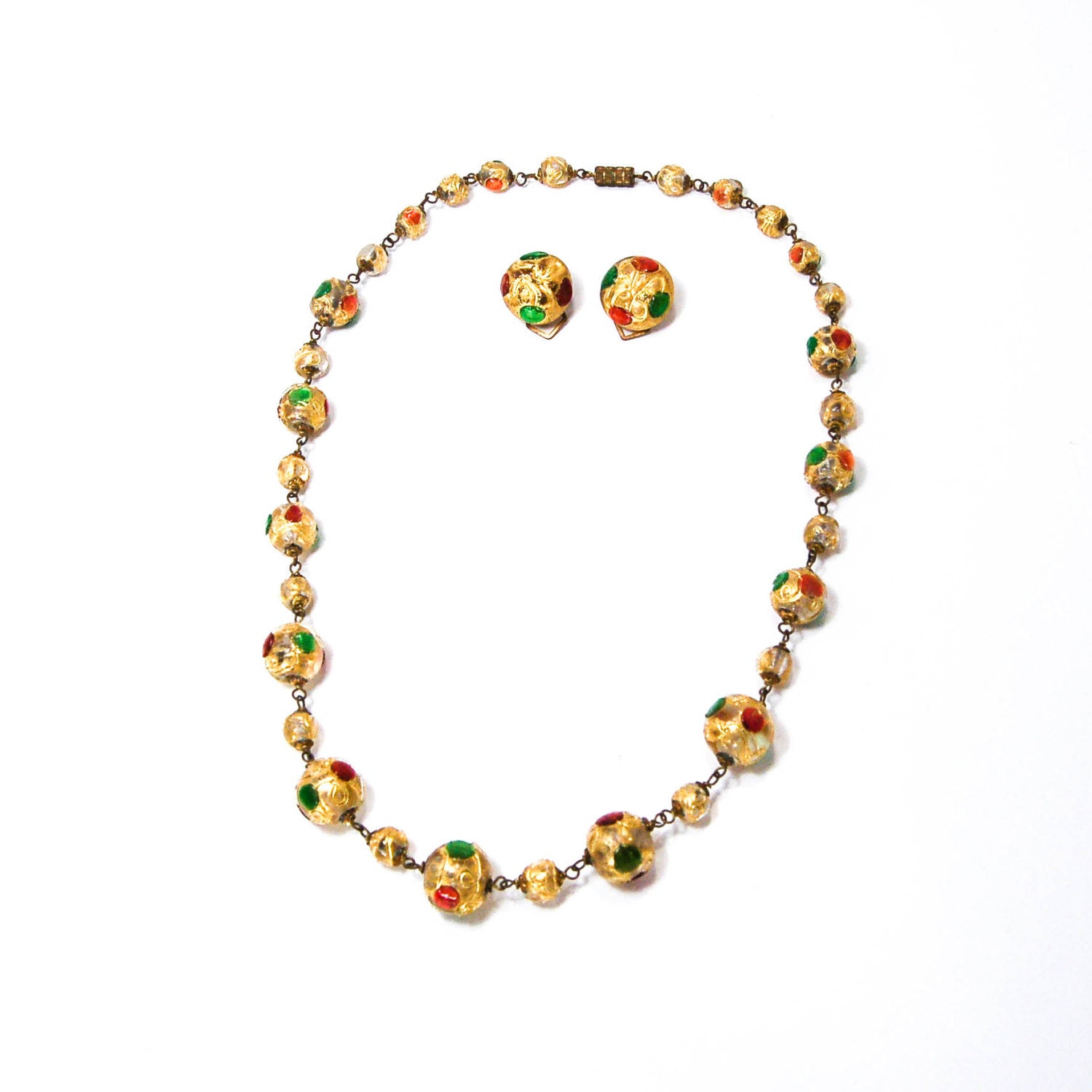 1940's Venetian Glass Bead Necklace and Earrings Set Golden Jewel Tones by 1940's - Vintage Meet Modern Vintage Jewelry - Chicago, Illinois - #oldhollywoodglamour #vintagemeetmodern #designervintage #jewelrybox #antiquejewelry #vintagejewelry