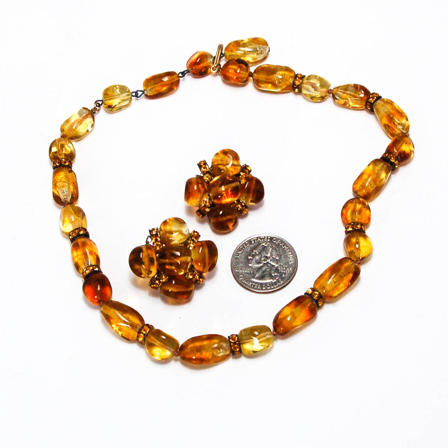 1950's Amber Art Glass Earrings and Necklace Set by Vogue Jewelry by Vogue Jewelry - Vintage Meet Modern Vintage Jewelry - Chicago, Illinois - #oldhollywoodglamour #vintagemeetmodern #designervintage #jewelrybox #antiquejewelry #vintagejewelry