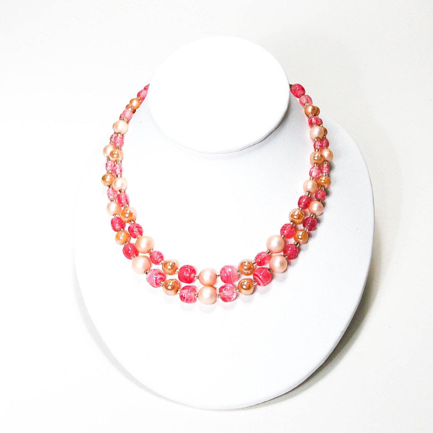 Pink White Pearl Double Strand Glass Bead Necklace Signed Japan Mid Century Modern Glamour by Japan - Vintage Meet Modern Vintage Jewelry - Chicago, Illinois - #oldhollywoodglamour #vintagemeetmodern #designervintage #jewelrybox #antiquejewelry #vintagejewelry