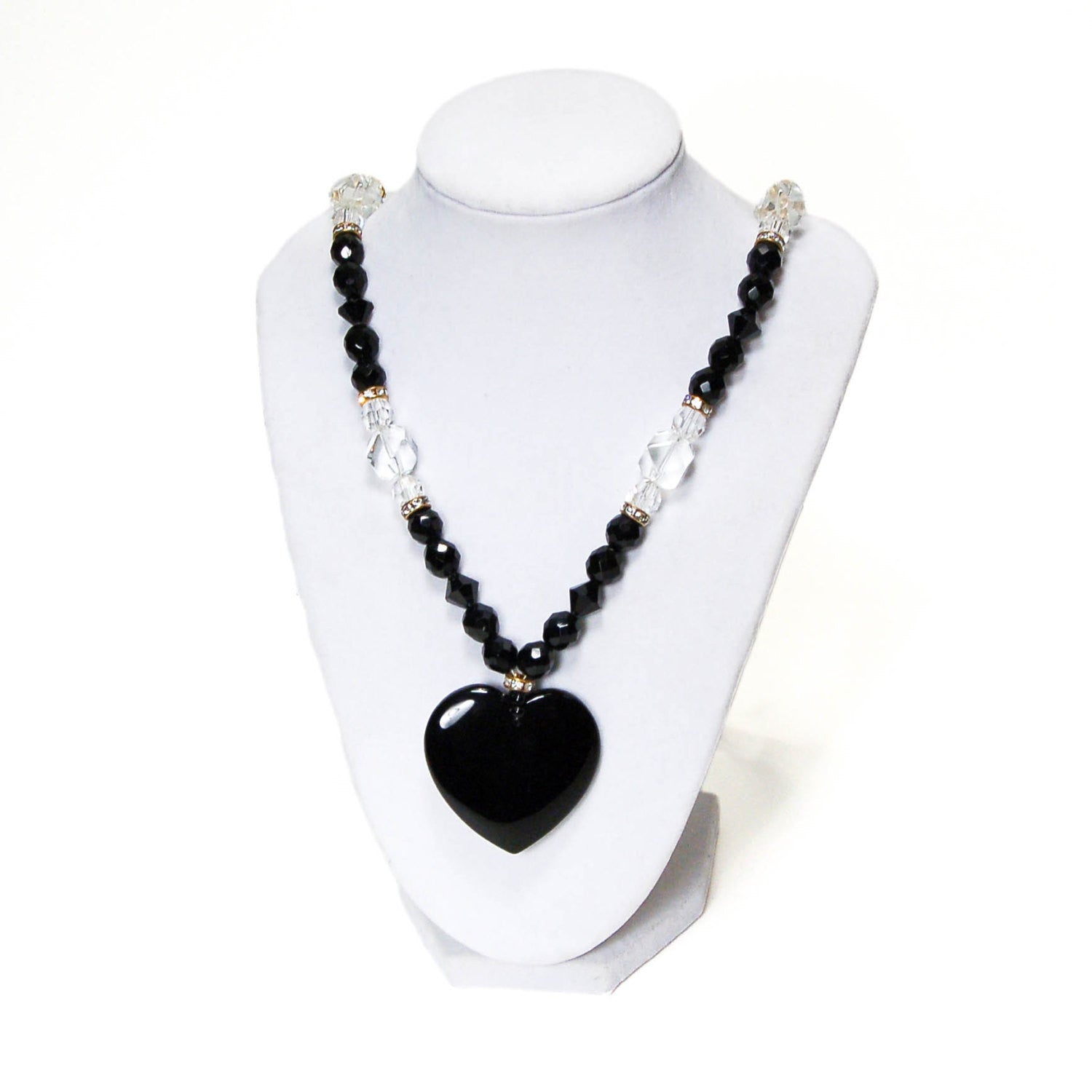 Black and Cut Crystal Heart Necklace by 1980s - Vintage Meet Modern Vintage Jewelry - Chicago, Illinois - #oldhollywoodglamour #vintagemeetmodern #designervintage #jewelrybox #antiquejewelry #vintagejewelry