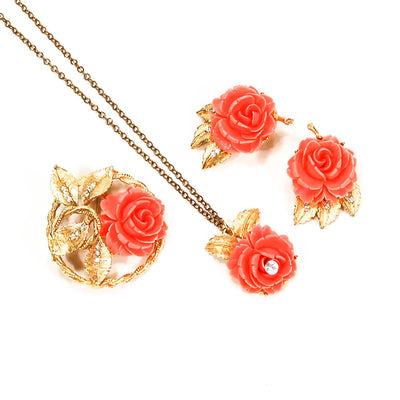 Gold Tone Necklace Earrings and Brooch Set with Coral Roses by BSK by BSK - Vintage Meet Modern Vintage Jewelry - Chicago, Illinois - #oldhollywoodglamour #vintagemeetmodern #designervintage #jewelrybox #antiquejewelry #vintagejewelry