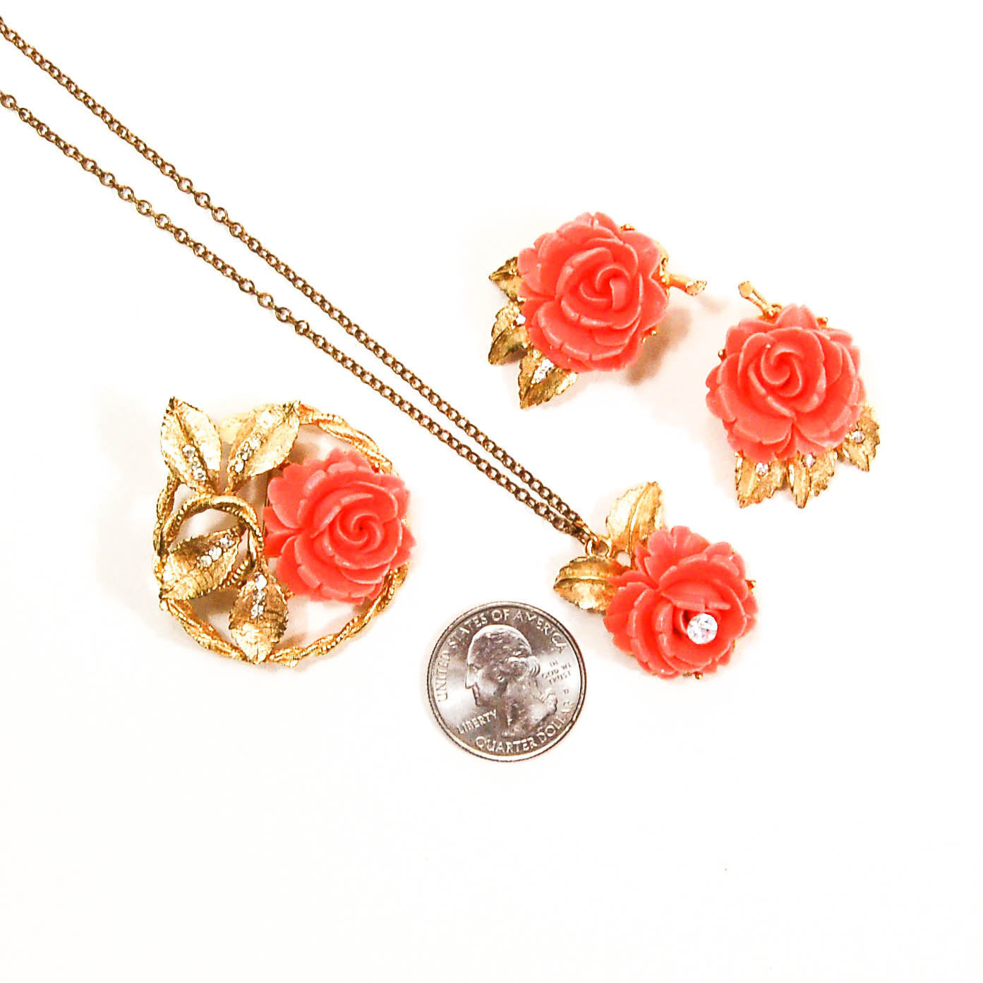 Gold Tone Necklace Earrings and Brooch Set with Coral Roses by BSK by BSK - Vintage Meet Modern Vintage Jewelry - Chicago, Illinois - #oldhollywoodglamour #vintagemeetmodern #designervintage #jewelrybox #antiquejewelry #vintagejewelry