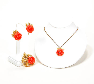 Gold Tone Necklace Earrings and Brooch Set with Coral Roses by BSK by BSK - Vintage Meet Modern Vintage Jewelry - Chicago, Illinois - #oldhollywoodglamour #vintagemeetmodern #designervintage #jewelrybox #antiquejewelry #vintagejewelry