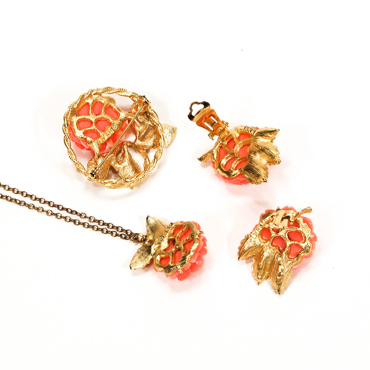 Gold Tone Necklace Earrings and Brooch Set with Coral Roses by BSK by BSK - Vintage Meet Modern Vintage Jewelry - Chicago, Illinois - #oldhollywoodglamour #vintagemeetmodern #designervintage #jewelrybox #antiquejewelry #vintagejewelry