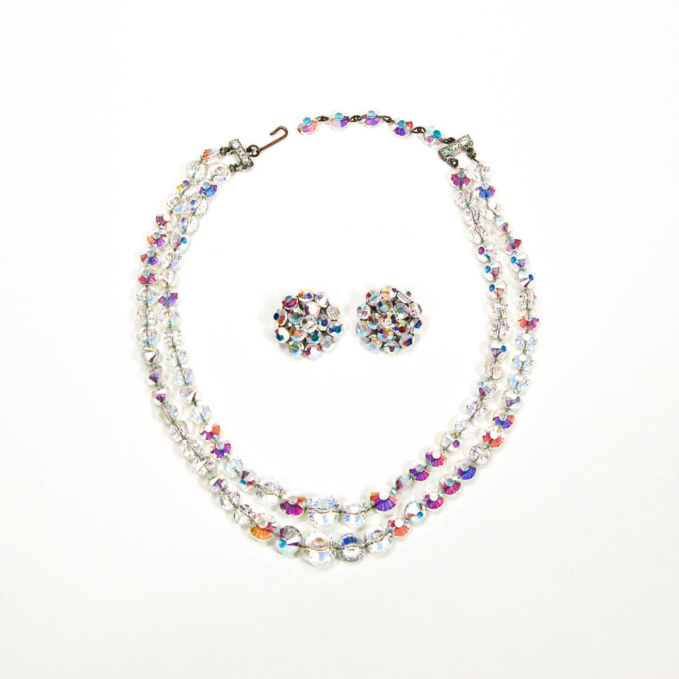 1950's Aurora Borealis Iridescent Faceted Crystal Necklace and Earring Set