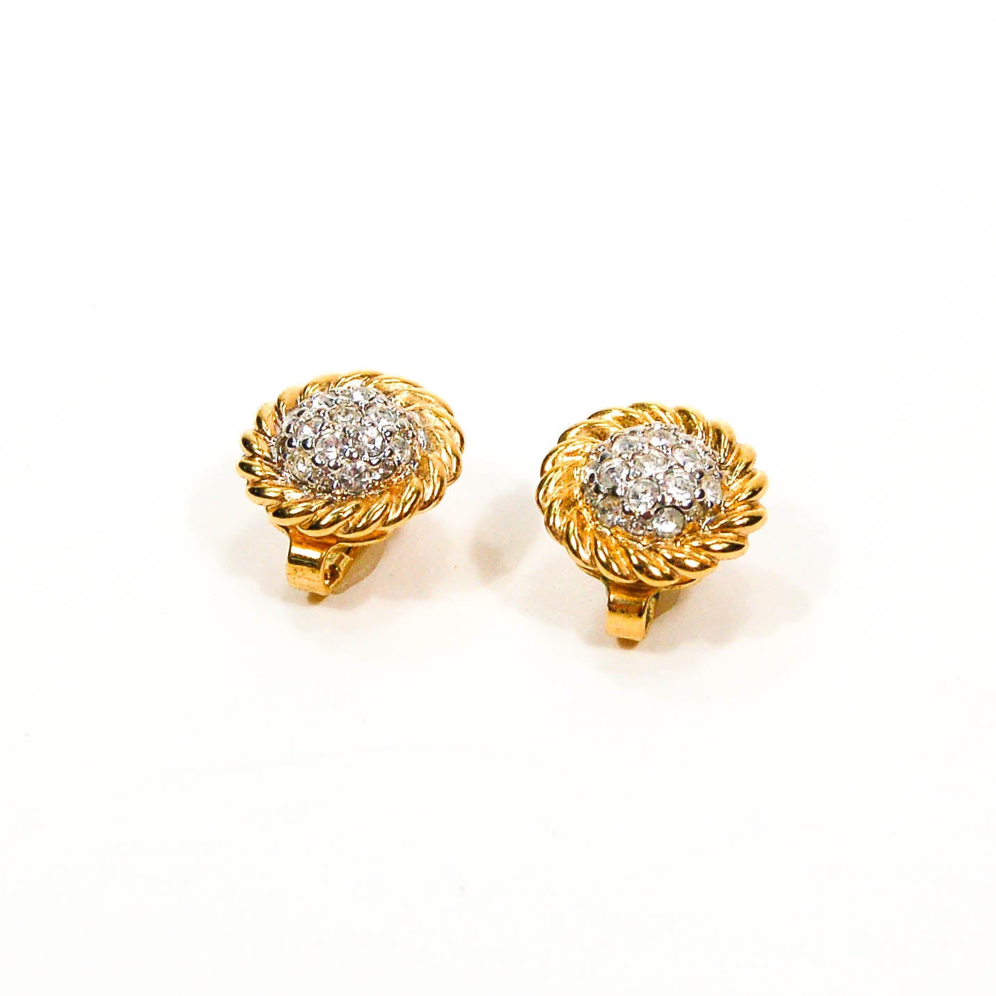 1980's Gold Tone Cable Rhinestone Clip Earrings by 1980s - Vintage Meet Modern Vintage Jewelry - Chicago, Illinois - #oldhollywoodglamour #vintagemeetmodern #designervintage #jewelrybox #antiquejewelry #vintagejewelry