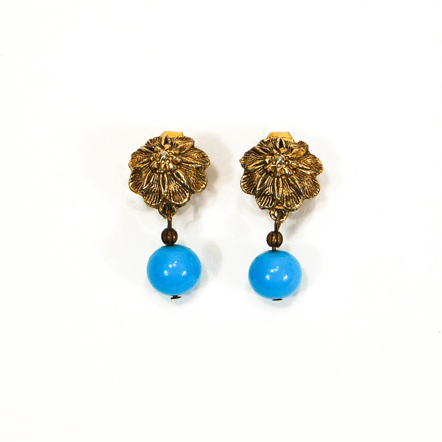 1950's Gold Tone and Turquoise Dangling Earrings by 1950's - Vintage Meet Modern Vintage Jewelry - Chicago, Illinois - #oldhollywoodglamour #vintagemeetmodern #designervintage #jewelrybox #antiquejewelry #vintagejewelry