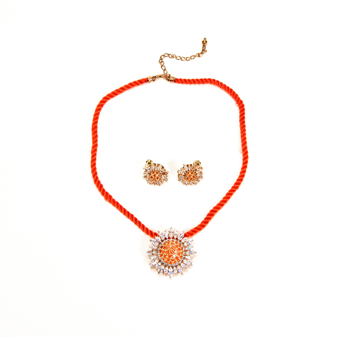 Fiery Orange and CZ Sunburst Brooch Pendant and Earring Set by Real Collectibles by Adrienne