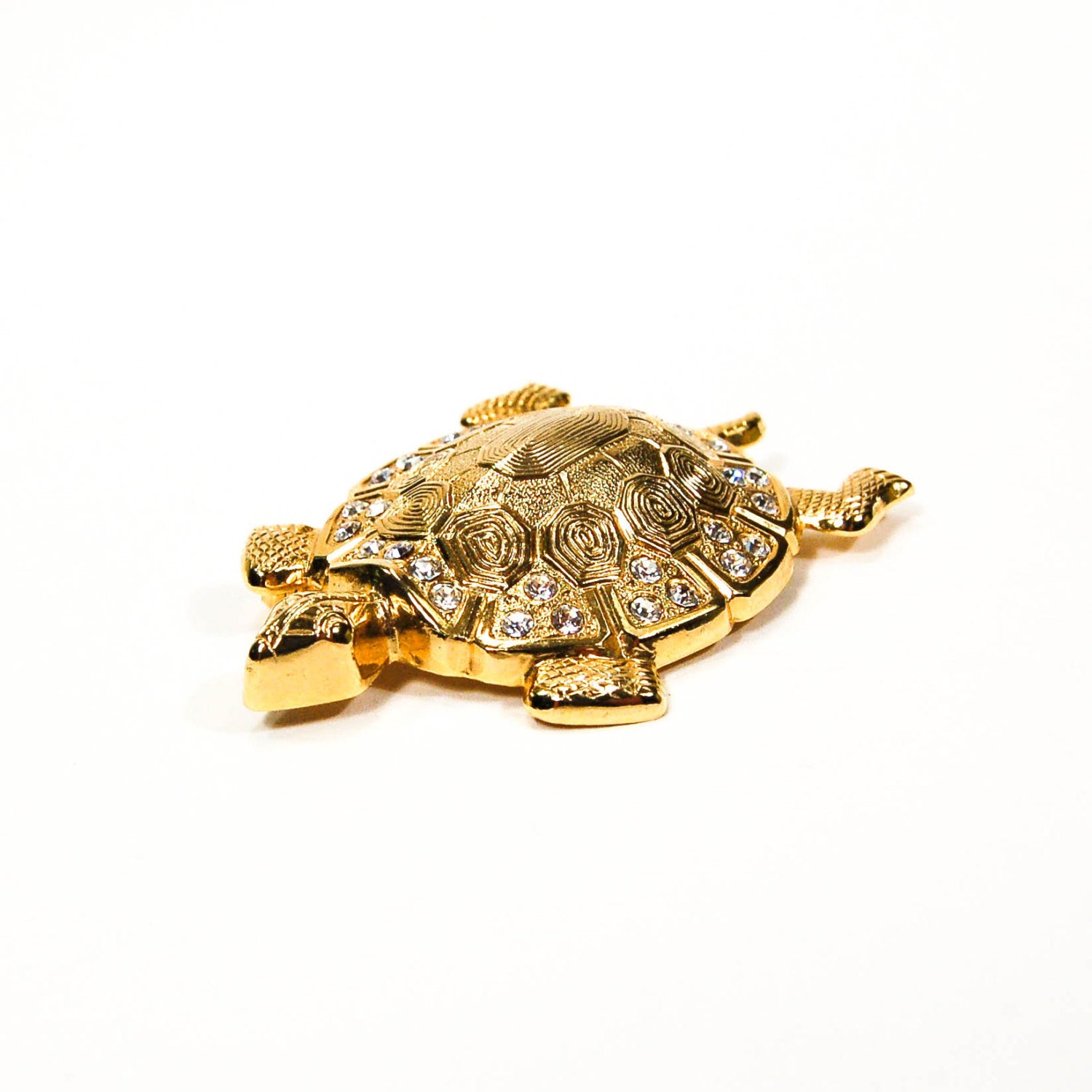 Gold Tone Turtle Brooch with Rhinestones by 1980s - Vintage Meet Modern Vintage Jewelry - Chicago, Illinois - #oldhollywoodglamour #vintagemeetmodern #designervintage #jewelrybox #antiquejewelry #vintagejewelry