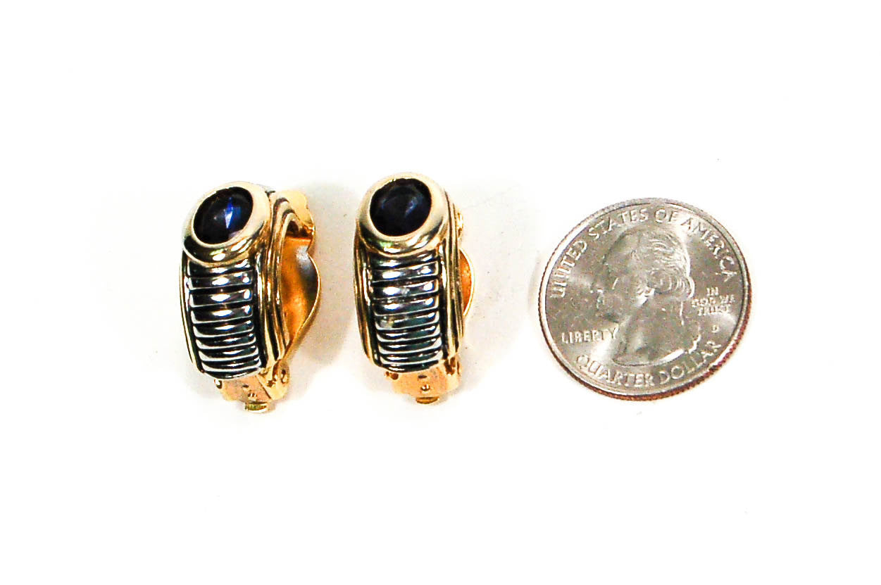 Classic Cable Design Silver and Gold Half Hoop Earrings with Iolite Crystal by Joseph Esposito by Joseph Esposito - Vintage Meet Modern Vintage Jewelry - Chicago, Illinois - #oldhollywoodglamour #vintagemeetmodern #designervintage #jewelrybox #antiquejewelry #vintagejewelry