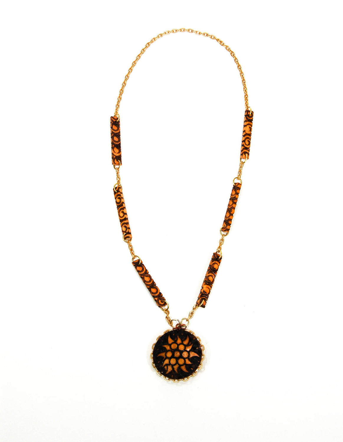 Pyrography Wood Medallion Necklace by 1970's - Vintage Meet Modern Vintage Jewelry - Chicago, Illinois - #oldhollywoodglamour #vintagemeetmodern #designervintage #jewelrybox #antiquejewelry #vintagejewelry