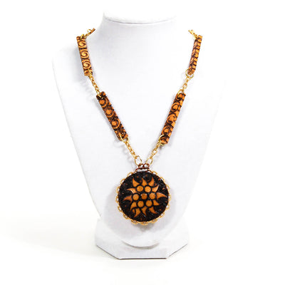Pyrography Wood Medallion Necklace by 1970's - Vintage Meet Modern Vintage Jewelry - Chicago, Illinois - #oldhollywoodglamour #vintagemeetmodern #designervintage #jewelrybox #antiquejewelry #vintagejewelry