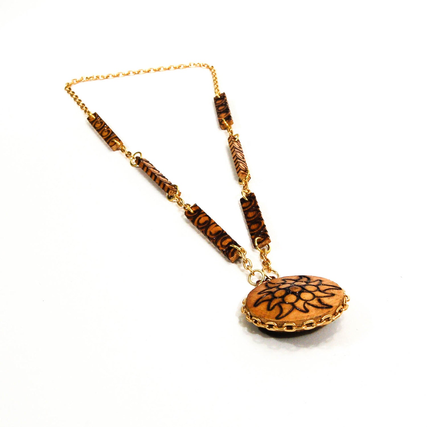 Pyrography Wood Medallion Necklace by 1970's - Vintage Meet Modern Vintage Jewelry - Chicago, Illinois - #oldhollywoodglamour #vintagemeetmodern #designervintage #jewelrybox #antiquejewelry #vintagejewelry