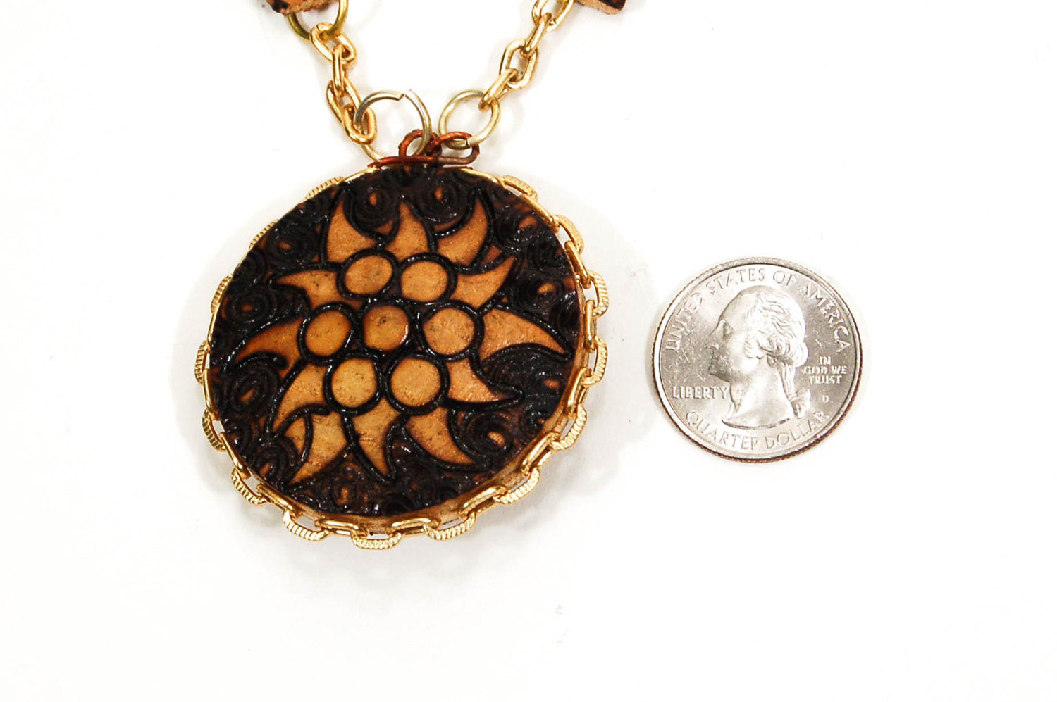 Pyrography Wood Medallion Necklace by 1970's - Vintage Meet Modern Vintage Jewelry - Chicago, Illinois - #oldhollywoodglamour #vintagemeetmodern #designervintage #jewelrybox #antiquejewelry #vintagejewelry