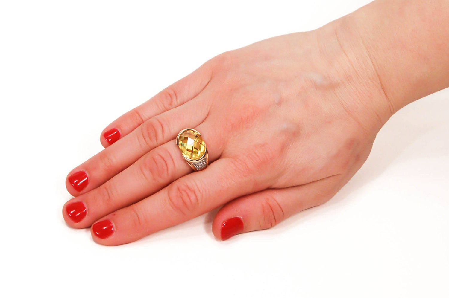 Yellow Citrine Crystal Cocktail Ring by 1980s - Vintage Meet Modern Vintage Jewelry - Chicago, Illinois - #oldhollywoodglamour #vintagemeetmodern #designervintage #jewelrybox #antiquejewelry #vintagejewelry