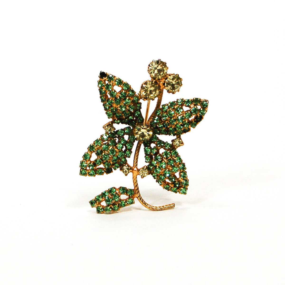 1960's Green Rhinestone Four Leaf Clover Brooch