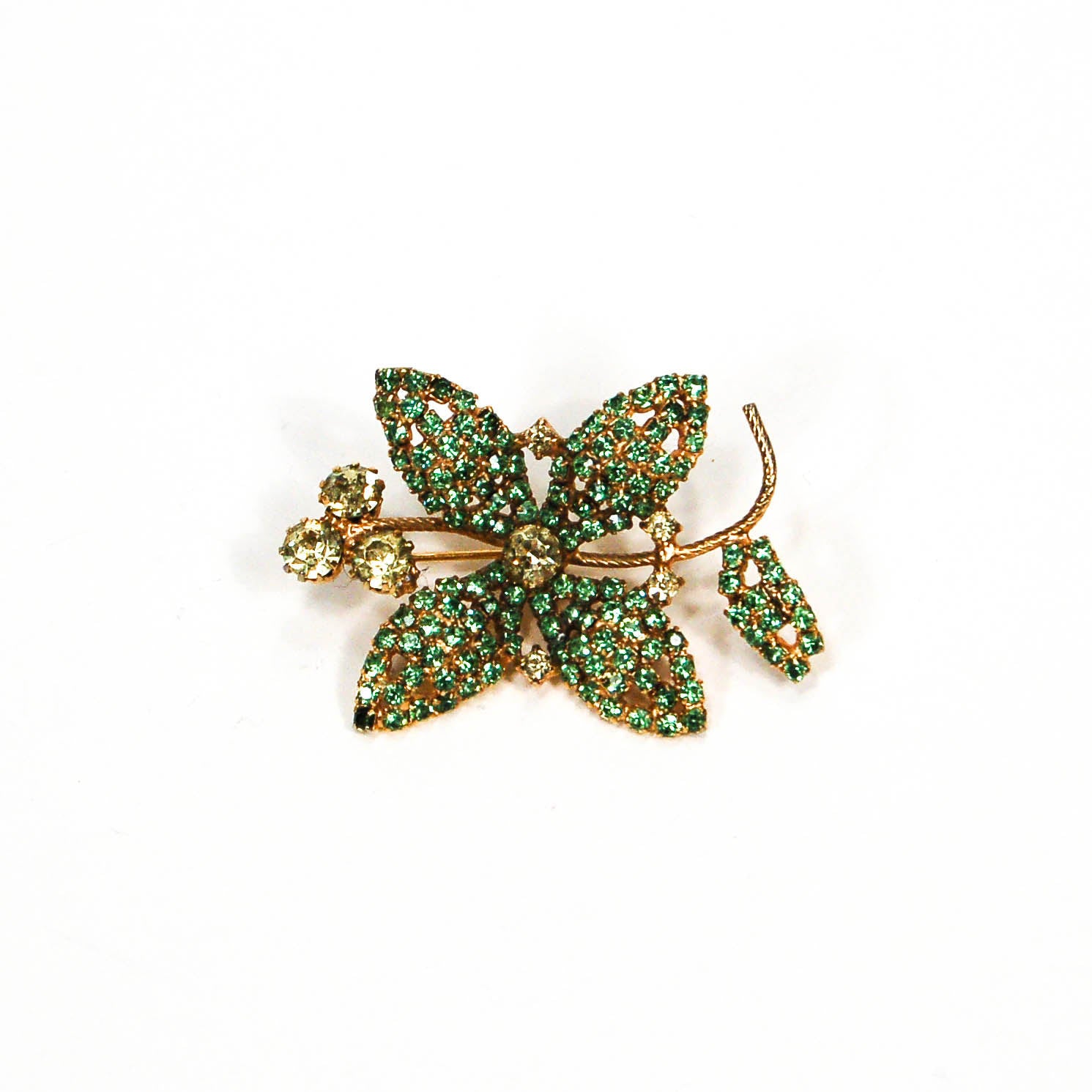 1960's Green Rhinestone Four Leaf Clover Brooch by 1960s Vintage - Vintage Meet Modern Vintage Jewelry - Chicago, Illinois - #oldhollywoodglamour #vintagemeetmodern #designervintage #jewelrybox #antiquejewelry #vintagejewelry
