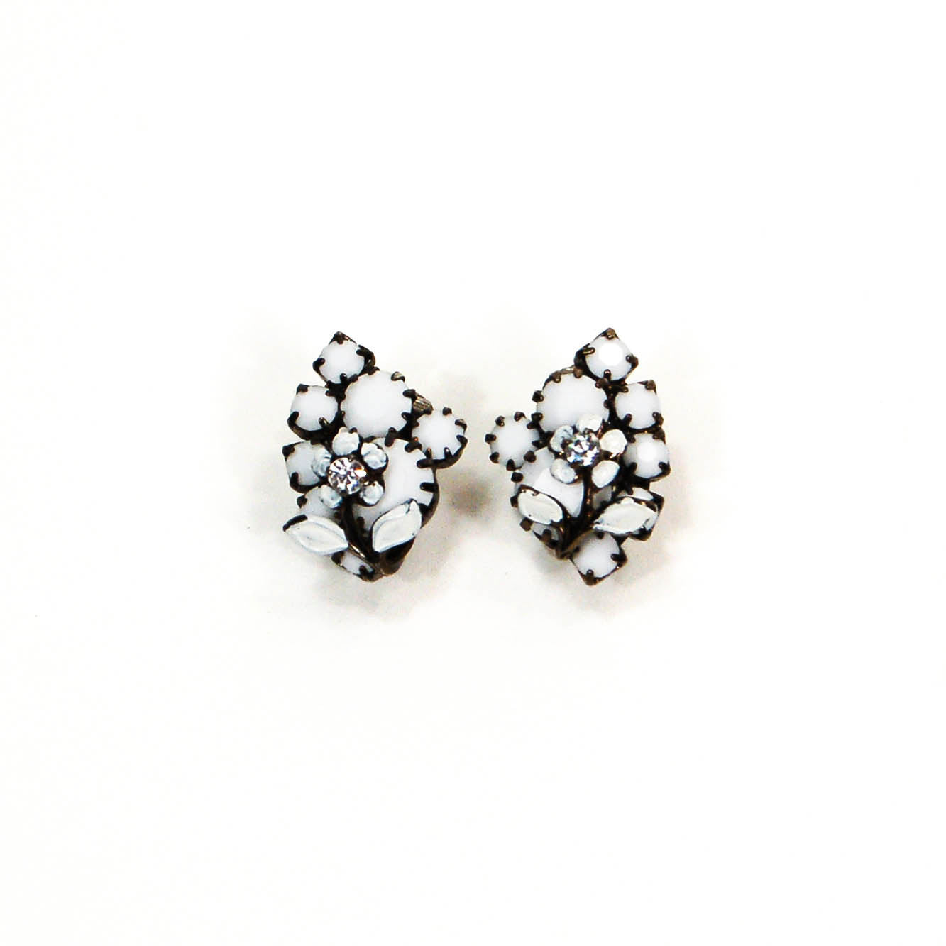 1950's Floral Rhinestone and White Milk Glass Earrings by 1950's - Vintage Meet Modern Vintage Jewelry - Chicago, Illinois - #oldhollywoodglamour #vintagemeetmodern #designervintage #jewelrybox #antiquejewelry #vintagejewelry