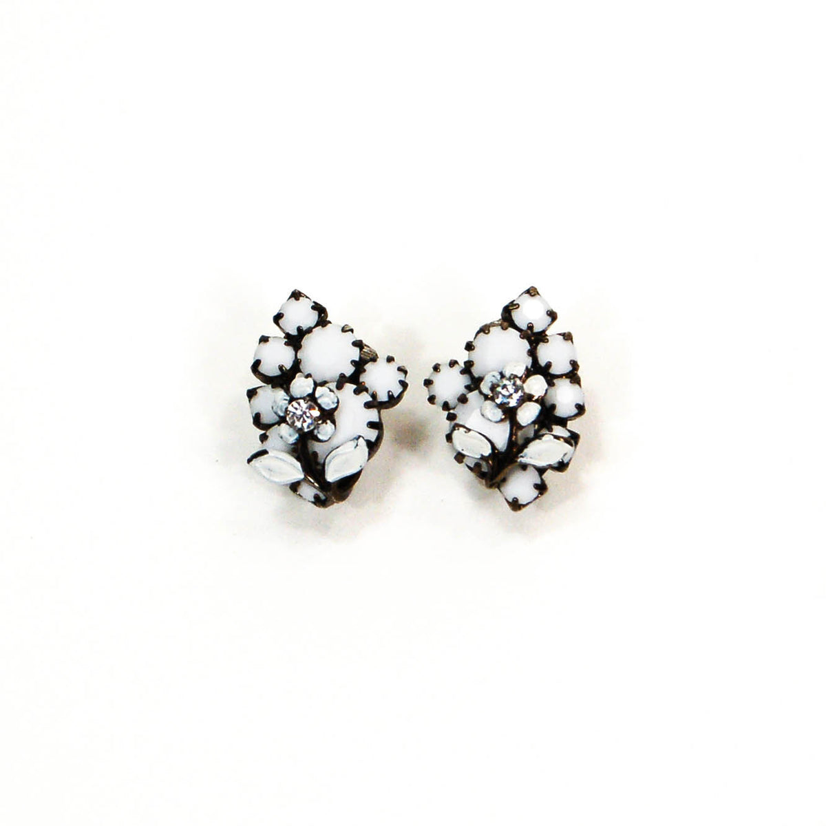 1950's Floral Rhinestone and White Milk Glass Earrings