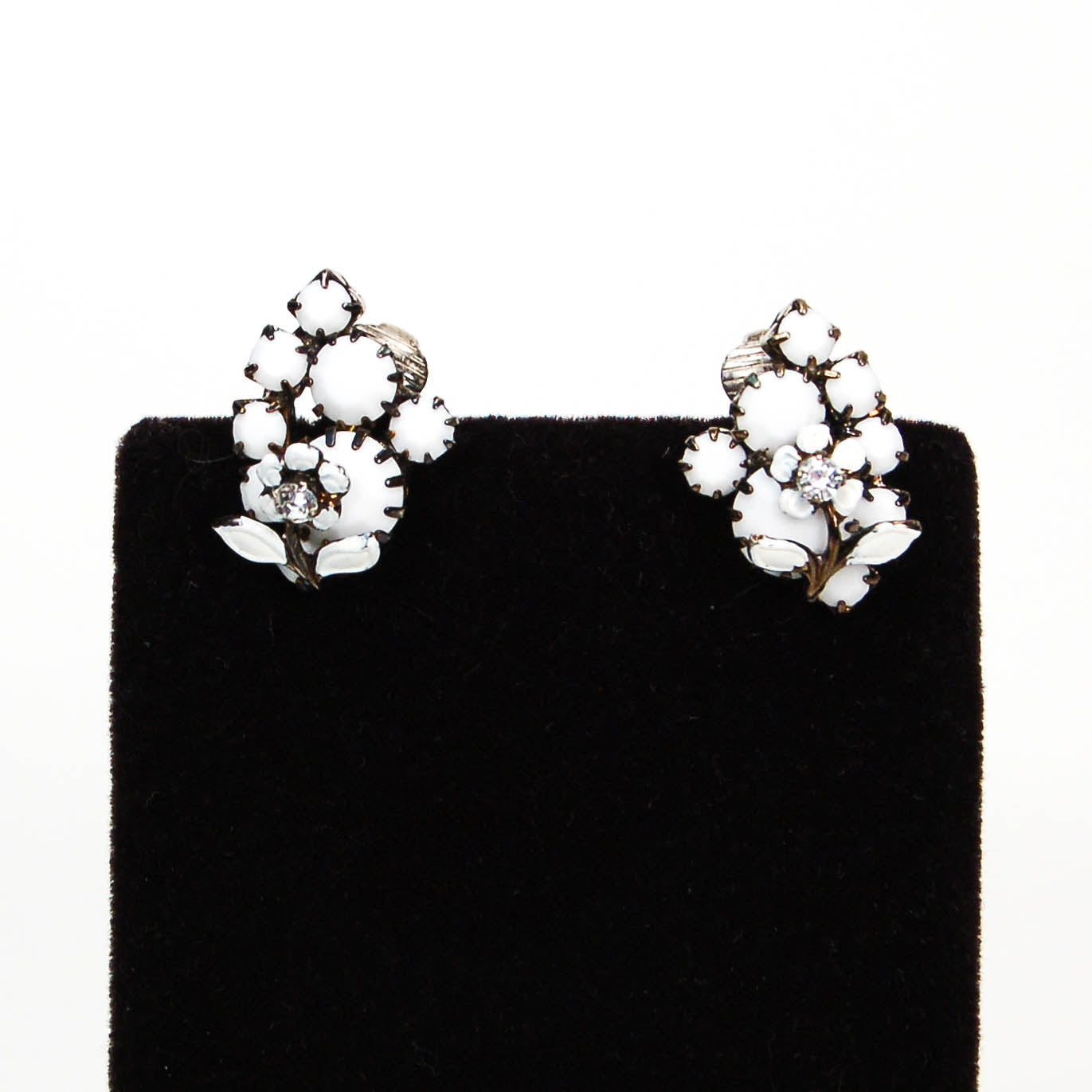 1950's Floral Rhinestone and White Milk Glass Earrings by 1950's - Vintage Meet Modern Vintage Jewelry - Chicago, Illinois - #oldhollywoodglamour #vintagemeetmodern #designervintage #jewelrybox #antiquejewelry #vintagejewelry