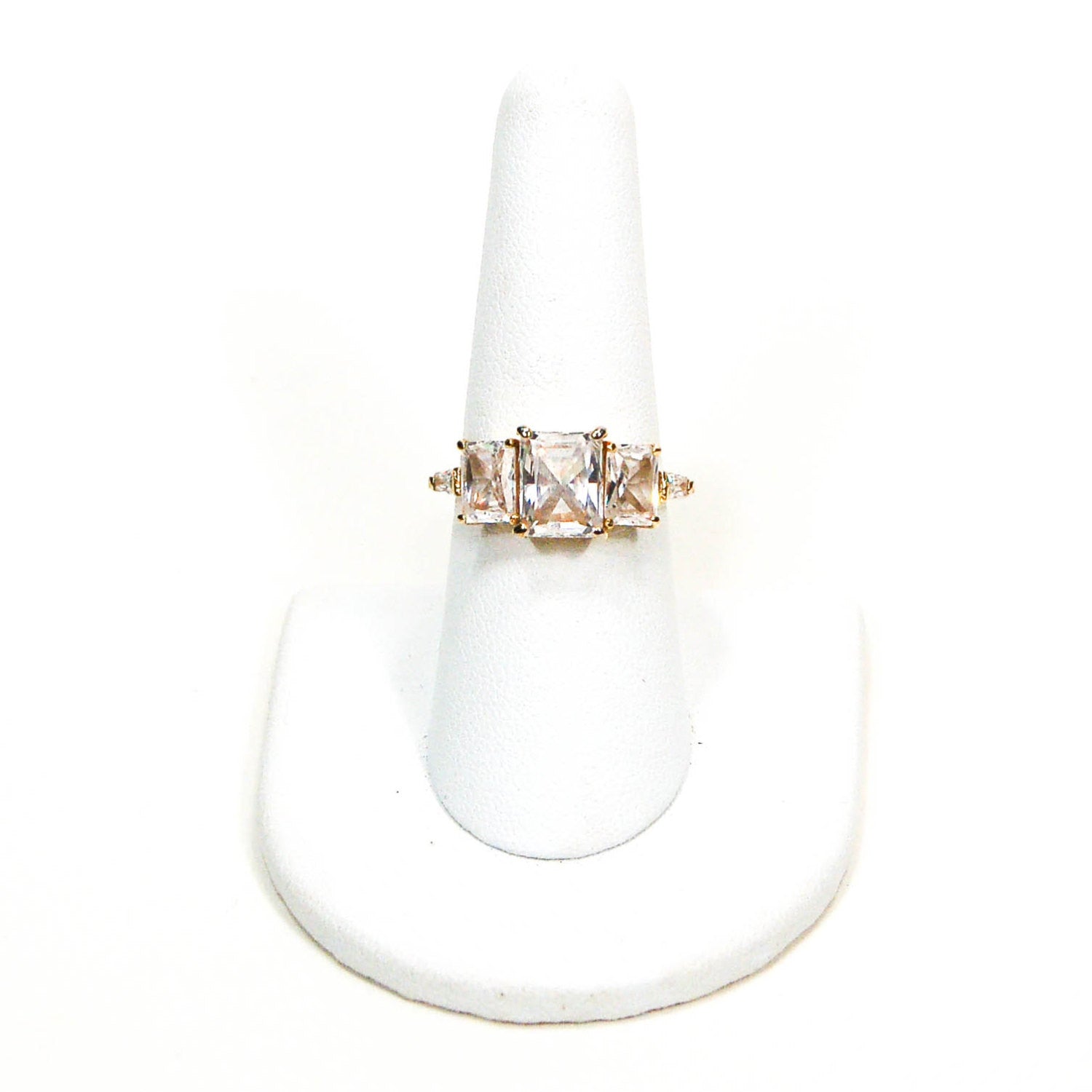 1980's Emerald Cut Three Stone CZ Engagement Ring by 1980s - Vintage Meet Modern Vintage Jewelry - Chicago, Illinois - #oldhollywoodglamour #vintagemeetmodern #designervintage #jewelrybox #antiquejewelry #vintagejewelry