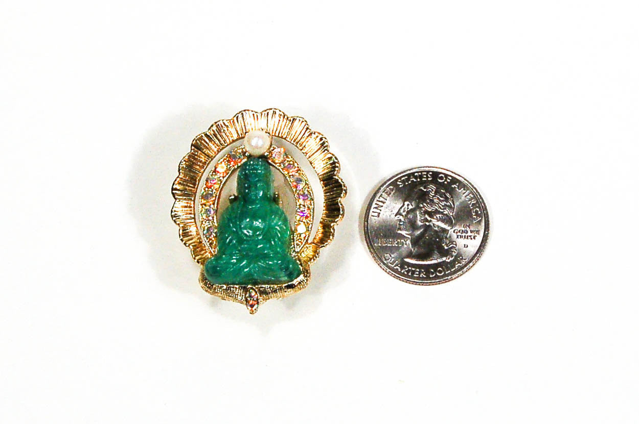 Gold Tone Rhinestone Buddha Brooch by 1960s Vintage - Vintage Meet Modern Vintage Jewelry - Chicago, Illinois - #oldhollywoodglamour #vintagemeetmodern #designervintage #jewelrybox #antiquejewelry #vintagejewelry