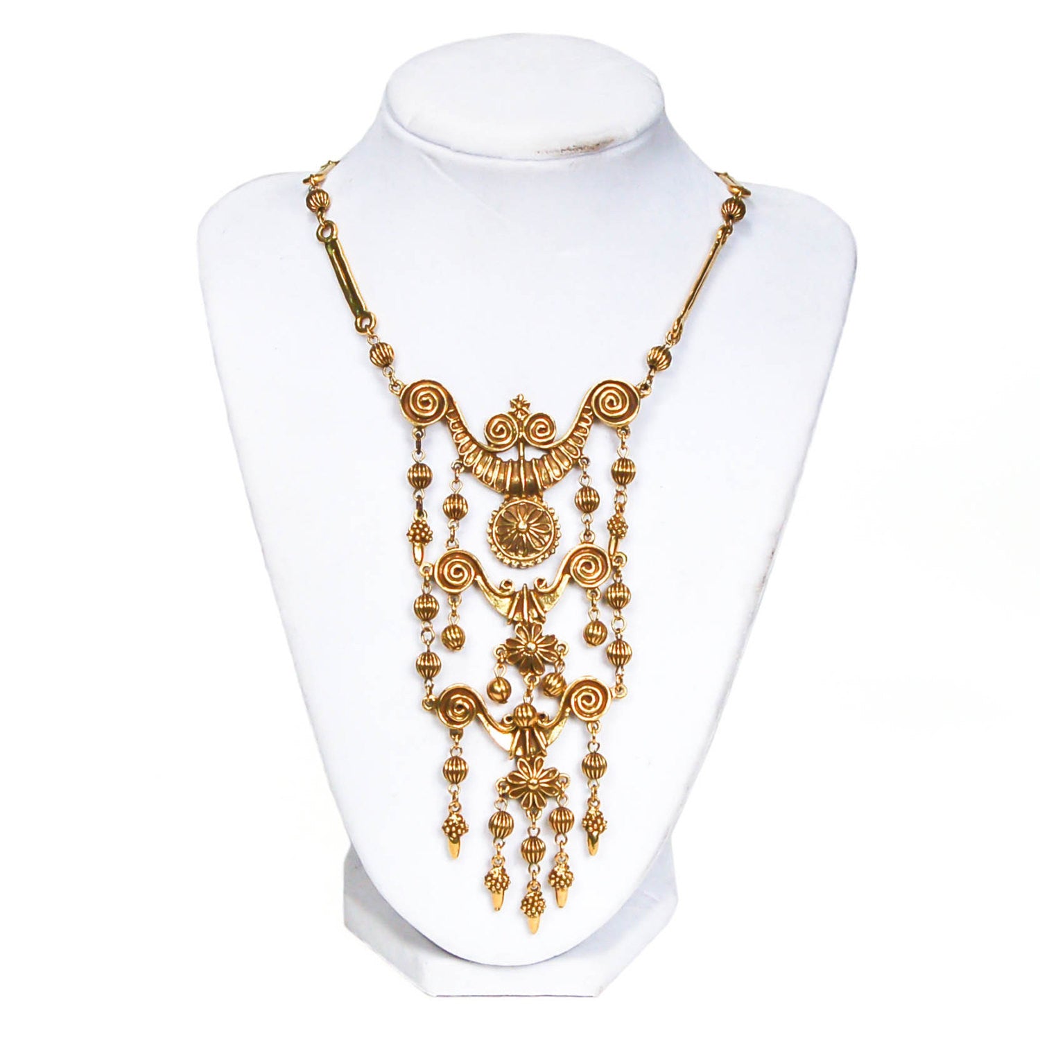 Gold Tone Etruscan Statement Necklace by 1970's - Vintage Meet Modern Vintage Jewelry - Chicago, Illinois - #oldhollywoodglamour #vintagemeetmodern #designervintage #jewelrybox #antiquejewelry #vintagejewelry