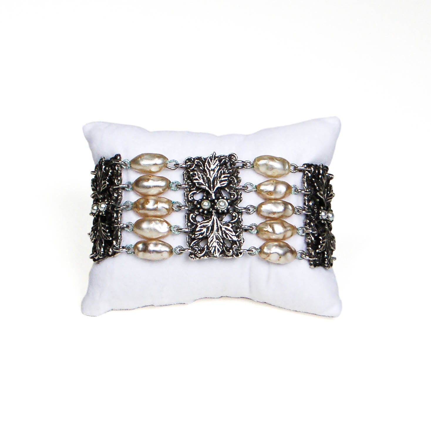 Victorian Revival Pearl and Silver Bead Bracelet by Judy Lee by Judy Lee - Vintage Meet Modern Vintage Jewelry - Chicago, Illinois - #oldhollywoodglamour #vintagemeetmodern #designervintage #jewelrybox #antiquejewelry #vintagejewelry