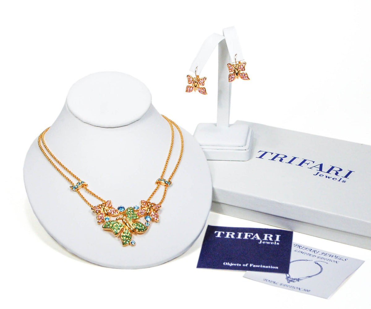 Trifari Butterfly Necklace and Earring Set Gold Tone  with Pastel Colored Rhinestones