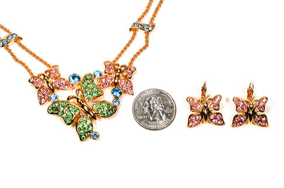 Trifari Butterfly Necklace and Earring Set Gold Tone  with Pastel Colored Rhinestones by Crown Trifari - Vintage Meet Modern Vintage Jewelry - Chicago, Illinois - #oldhollywoodglamour #vintagemeetmodern #designervintage #jewelrybox #antiquejewelry #vintagejewelry