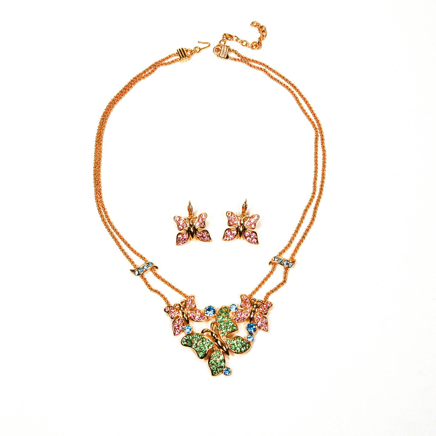 Trifari Butterfly Necklace and Earring Set Gold Tone  with Pastel Colored Rhinestones by Crown Trifari - Vintage Meet Modern Vintage Jewelry - Chicago, Illinois - #oldhollywoodglamour #vintagemeetmodern #designervintage #jewelrybox #antiquejewelry #vintagejewelry