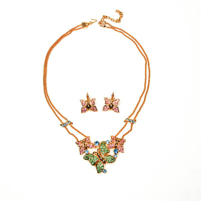 Trifari Butterfly Necklace and Earring Set Gold Tone  with Pastel Colored Rhinestones by Crown Trifari - Vintage Meet Modern Vintage Jewelry - Chicago, Illinois - #oldhollywoodglamour #vintagemeetmodern #designervintage #jewelrybox #antiquejewelry #vintagejewelry