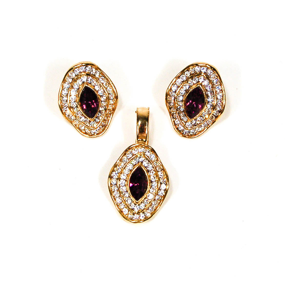 Purple Rhinestone Pendant and Earrings Set by 1980s - Vintage Meet Modern Vintage Jewelry - Chicago, Illinois - #oldhollywoodglamour #vintagemeetmodern #designervintage #jewelrybox #antiquejewelry #vintagejewelry