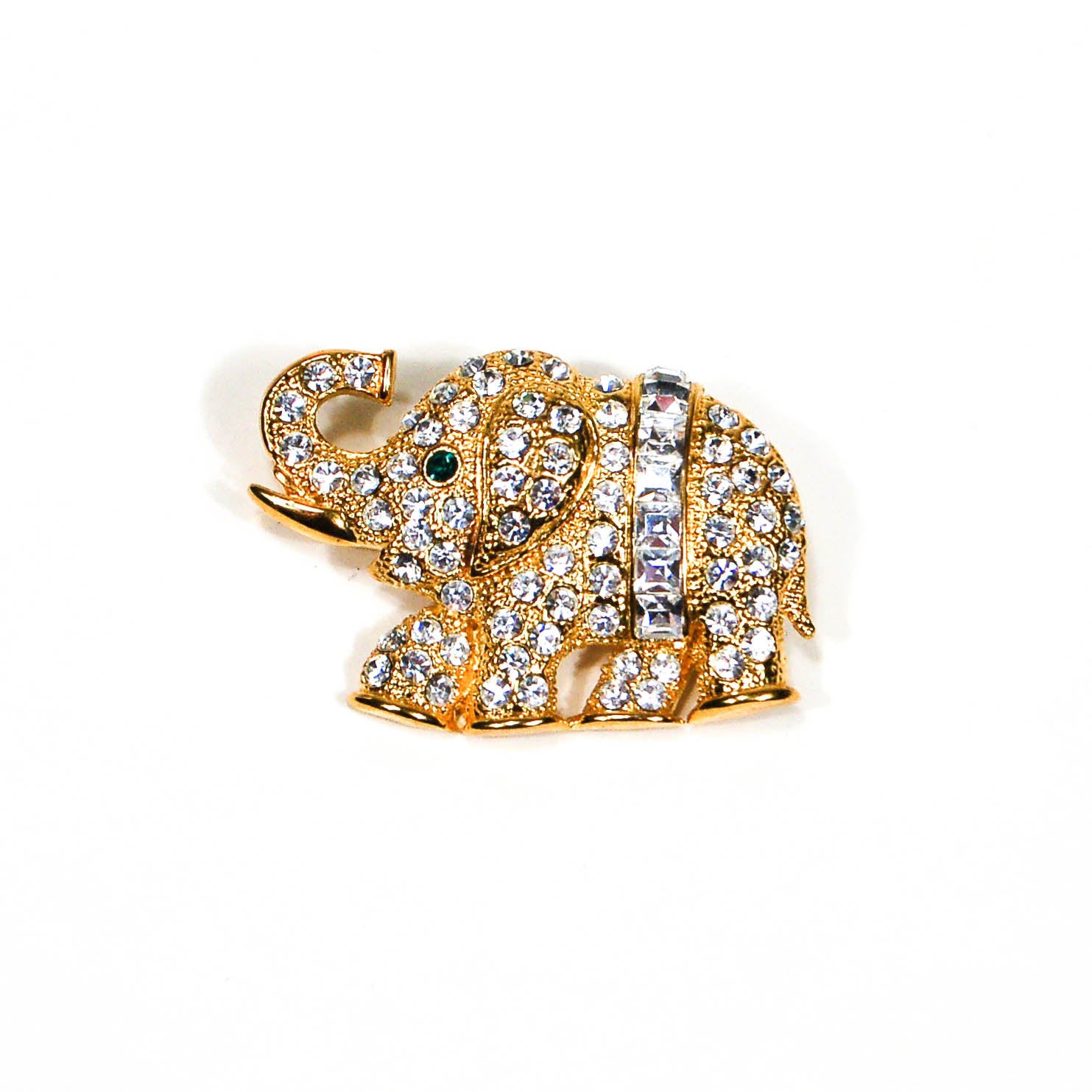 Gold Tone Rhinestone Elephant Brooch by 1980s - Vintage Meet Modern Vintage Jewelry - Chicago, Illinois - #oldhollywoodglamour #vintagemeetmodern #designervintage #jewelrybox #antiquejewelry #vintagejewelry