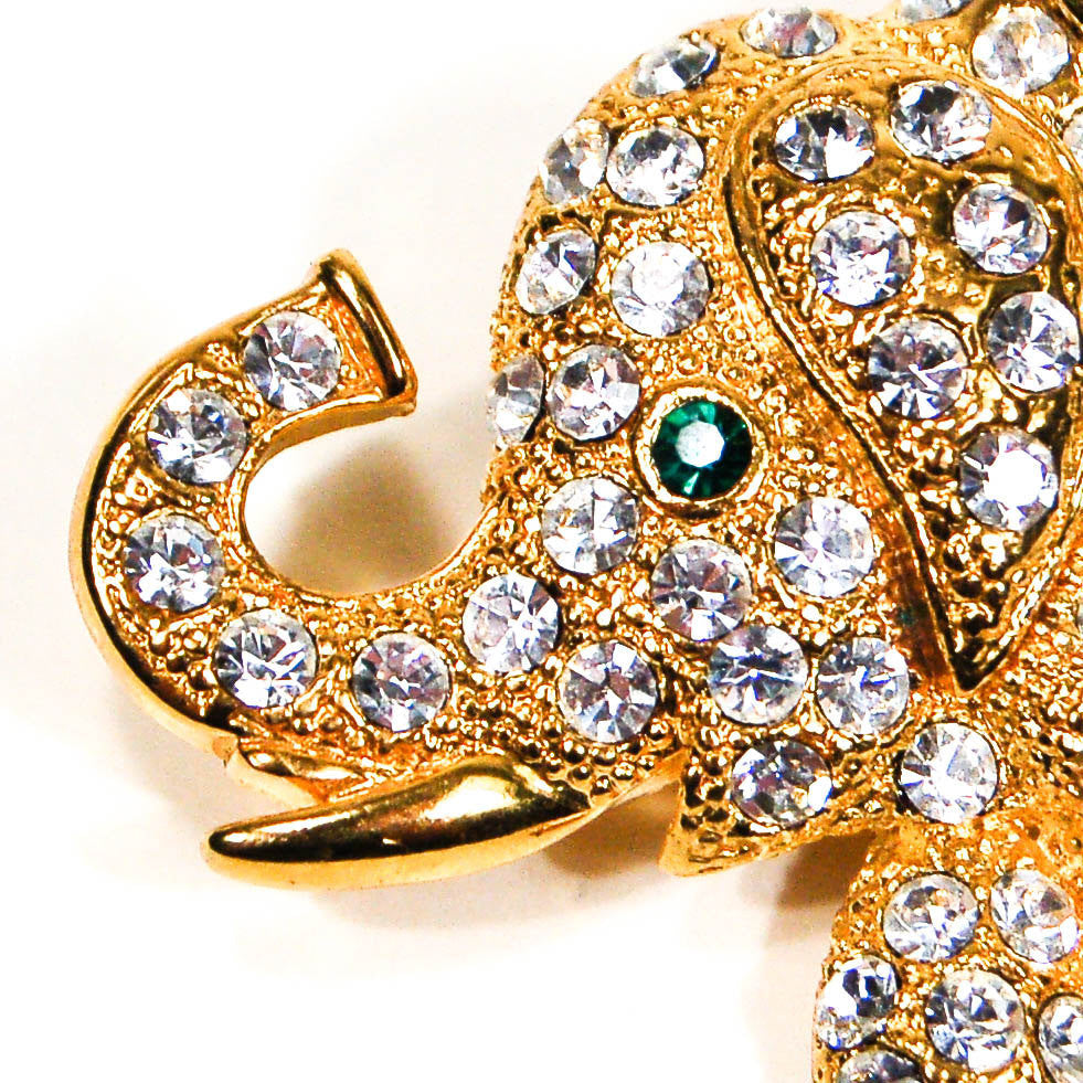 Gold Tone Rhinestone Elephant Brooch by 1980s - Vintage Meet Modern Vintage Jewelry - Chicago, Illinois - #oldhollywoodglamour #vintagemeetmodern #designervintage #jewelrybox #antiquejewelry #vintagejewelry