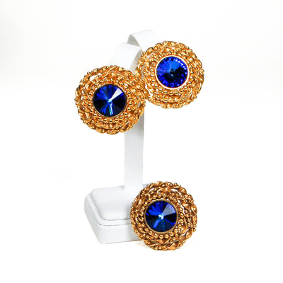 Bold Gold and Blue Rivoli Rhinestone Earrings and Brooch Set by Nancy M - Vintage Meet Modern Vintage Jewelry - Chicago, Illinois - #oldhollywoodglamour #vintagemeetmodern #designervintage #jewelrybox #antiquejewelry #vintagejewelry