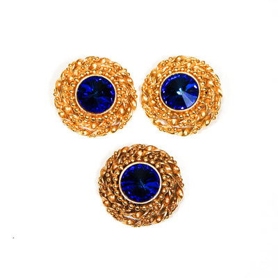 Bold Gold and Blue Rivoli Rhinestone Earrings and Brooch Set by Nancy M - Vintage Meet Modern Vintage Jewelry - Chicago, Illinois - #oldhollywoodglamour #vintagemeetmodern #designervintage #jewelrybox #antiquejewelry #vintagejewelry